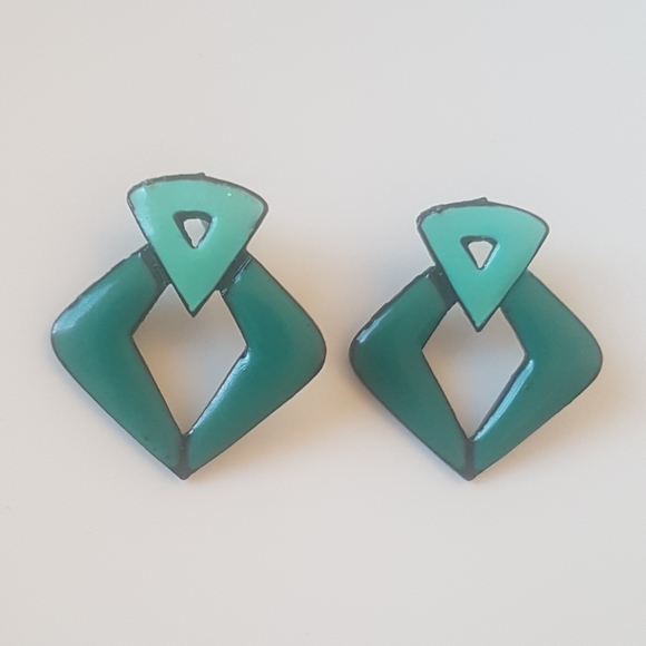 Geometric Teal Earrings - Picture 4 of 7